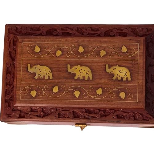 GURU JEE Wooden Jewellery Keepsake Storage Box With Hand Carved Floral Design And Brass Inlay On Lid Decorative Gifts (3EL_8x5) - Image 4