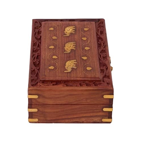 GURU JEE Wooden Jewellery Keepsake Storage Box With Hand Carved Floral Design And Brass Inlay On Lid Decorative Gifts (3EL_8x5) - Image 3