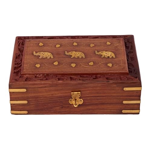 GURU JEE Wooden Jewellery Keepsake Storage Box With Hand Carved Floral Design And Brass Inlay On Lid Decorative Gifts (3EL_8x5) - Image 1