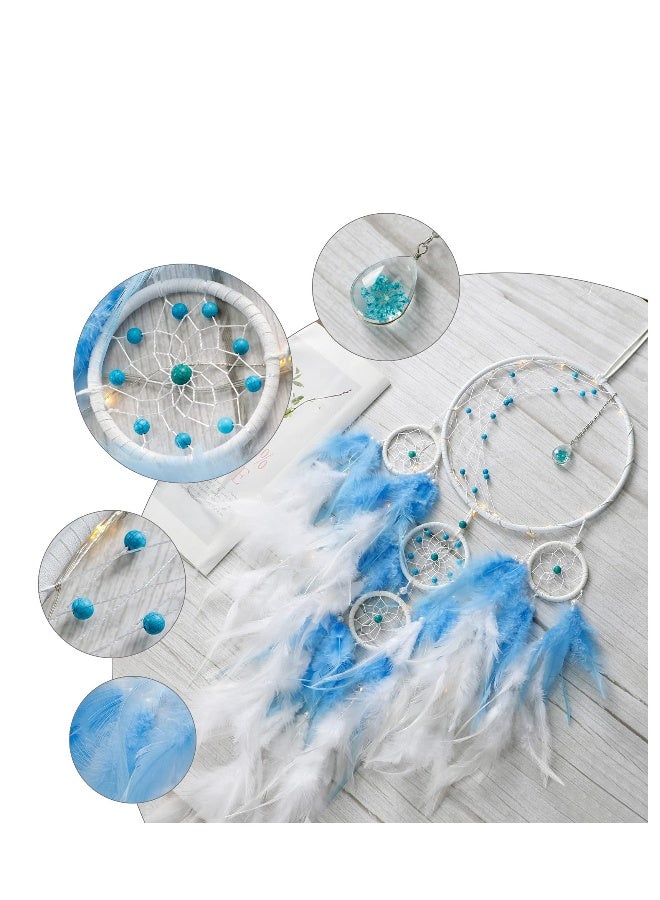 LED Light Up Dream Catcher Half Circle Moon Decor with Lights Handmade Feather Dreamcatchers for Bedroom Bohemian Home Wedding Ornament Craft Gift, Blue - Image 3