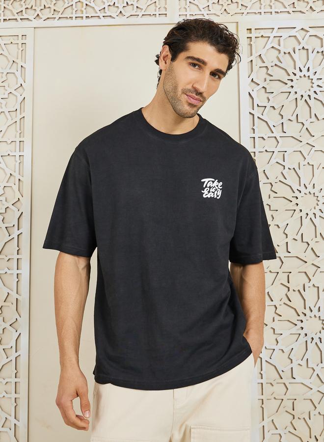 Styli Oversized Acid Washed Take It Easy Chest Print T-shirt - Image 1