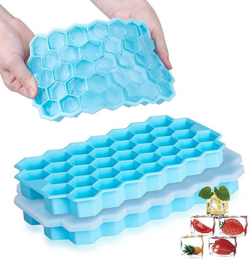 AIMERS Ice Cube Tray with Plastic Lid AIMERS 2 Pack 74 Cubes Silicone Ice Cube Tray Easy Release Stackable Flexible Honeycomb Silicone Ice Cube Mold Tray for Whiskey and Baby Food BPA Free Multicolor - Image 1