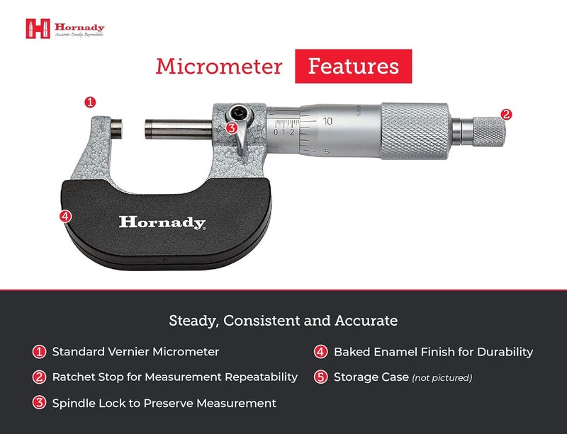 Hornady ميكرومتر فرنييه 050072 - معدات إعادة التحميل لقياس الأقطار والأطوال حتى نطاق 1 بوصة ودقة 0.0001 بوصة - ميكرومتر إعادة التحميل مع قفل رافعة، قفل عمود، وحقيبة تخزين - Image 3