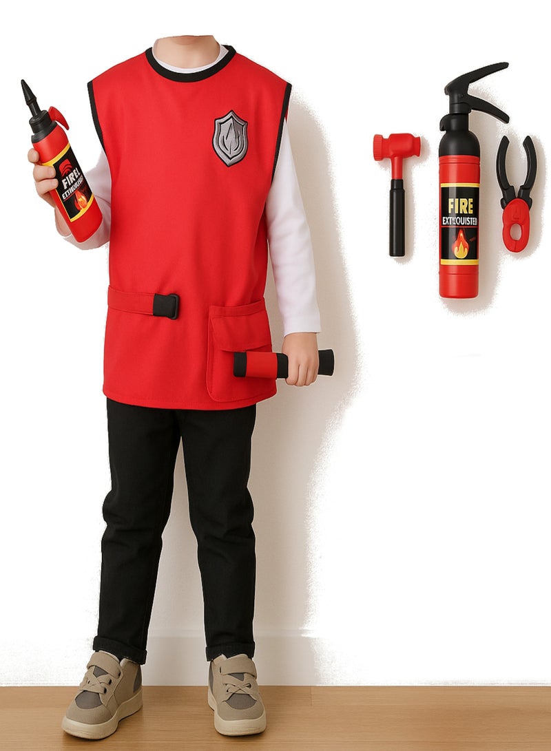 Chamdol Kids’ Firefighter Costume with Play Accessories – Red Dress-Up Suit with Tools (Extinguisher, Axe, Hammer) - Image 1