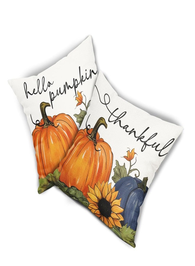 Sweetshow Blue Pumpkin Pillow Covers 18x18 Inch Set of 2 Happy Autumn Thanksgiving Throw Pillowcase Cotton Linen Square Fall Decor Fall Sunflowers Pumpkin Cushion Cover for Patio Sofa Bedroom Indoor Party - Image 2