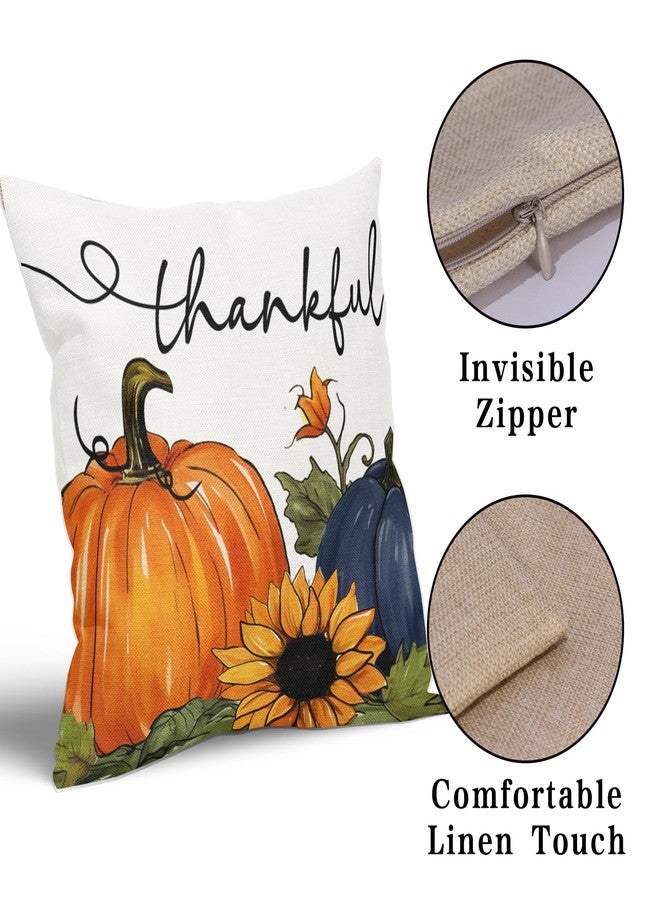 Sweetshow Blue Pumpkin Pillow Covers 18x18 Inch Set of 2 Happy Autumn Thanksgiving Throw Pillowcase Cotton Linen Square Fall Decor Fall Sunflowers Pumpkin Cushion Cover for Patio Sofa Bedroom Indoor Party - Image 3