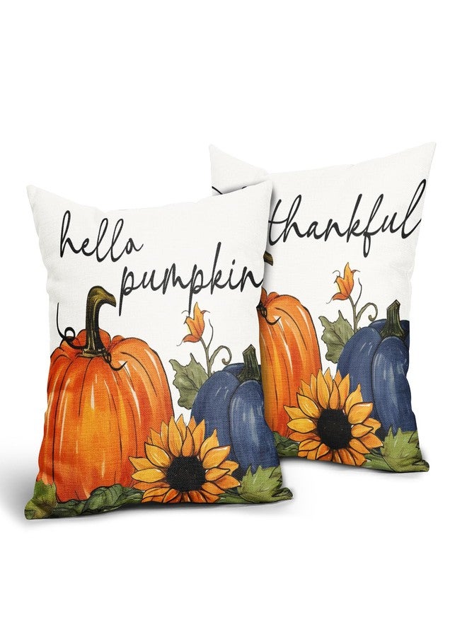 Sweetshow Blue Pumpkin Pillow Covers 18x18 Inch Set of 2 Happy Autumn Thanksgiving Throw Pillowcase Cotton Linen Square Fall Decor Fall Sunflowers Pumpkin Cushion Cover for Patio Sofa Bedroom Indoor Party - Image 1