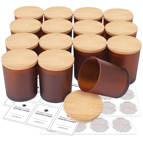 SUPMIND 15 Pack Candle Glass Jars 7oz Frosted Amber Empty Candle Jar with Bamboo Lids and Sticky Labels Matte Brown Candle Jars in Bulk for Making Candle Containers  Dishwasher Safe7 floz