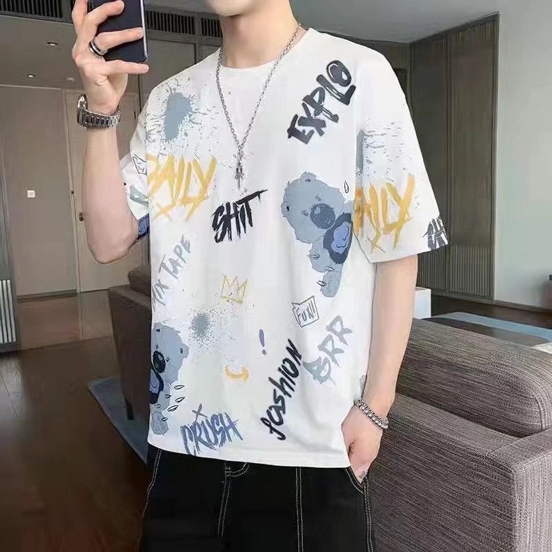 Short sleeve t-shirt mens 2022 summer New loose casual T-shirt Korean style trendy all-match round neck half sleeve top Bear White - Image 1