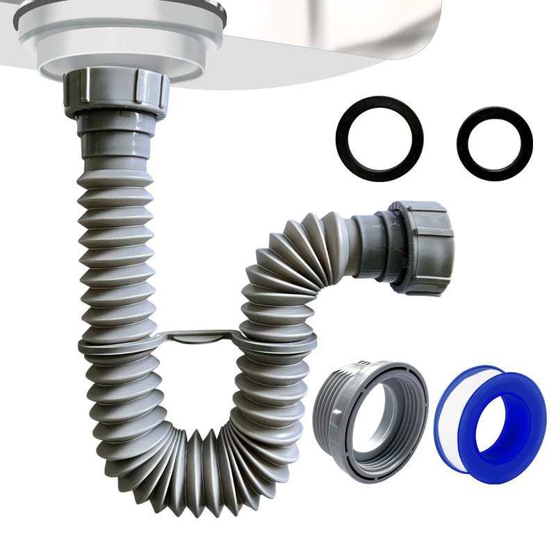 VIVIDA Sink Drain Pipe 1-1/2", Flexible Drain Pipe, 7.5"-17.7" Expandable Flexible P Trap for Bathroom and Kitchen, Under Sink Plumbing, 1-1/4" Adapter Included, Gray, 1 PACK - Image 1