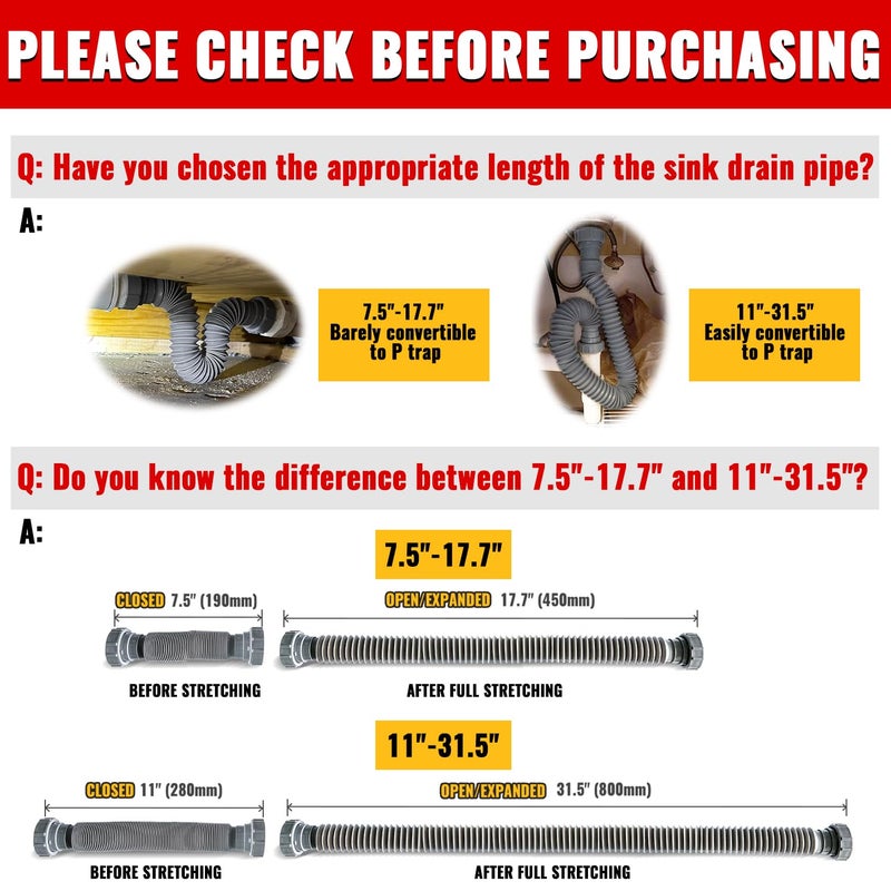 VIVIDA Sink Drain Pipe 1-1/2", Flexible Drain Pipe, 7.5"-17.7" Expandable Flexible P Trap for Bathroom and Kitchen, Under Sink Plumbing, 1-1/4" Adapter Included, Gray, 1 PACK - Image 3