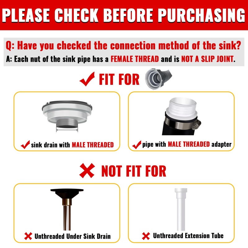 VIVIDA Sink Drain Pipe 1-1/2", Flexible Drain Pipe, 7.5"-17.7" Expandable Flexible P Trap for Bathroom and Kitchen, Under Sink Plumbing, 1-1/4" Adapter Included, Gray, 1 PACK - Image 2