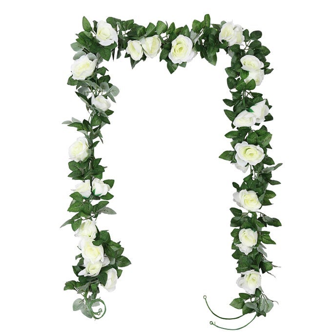 2 PACK ARTIFICIAL ROSE VINES GARLAND FAKE FLOWER PLANTS ARTS HANGING DECORATION FOR OUTDOOR INDOOR HOME KITCHEN GARDEN OFFICE WEDDING CEREMONY HOTEL PARTY 2 X 75 FT WHITE