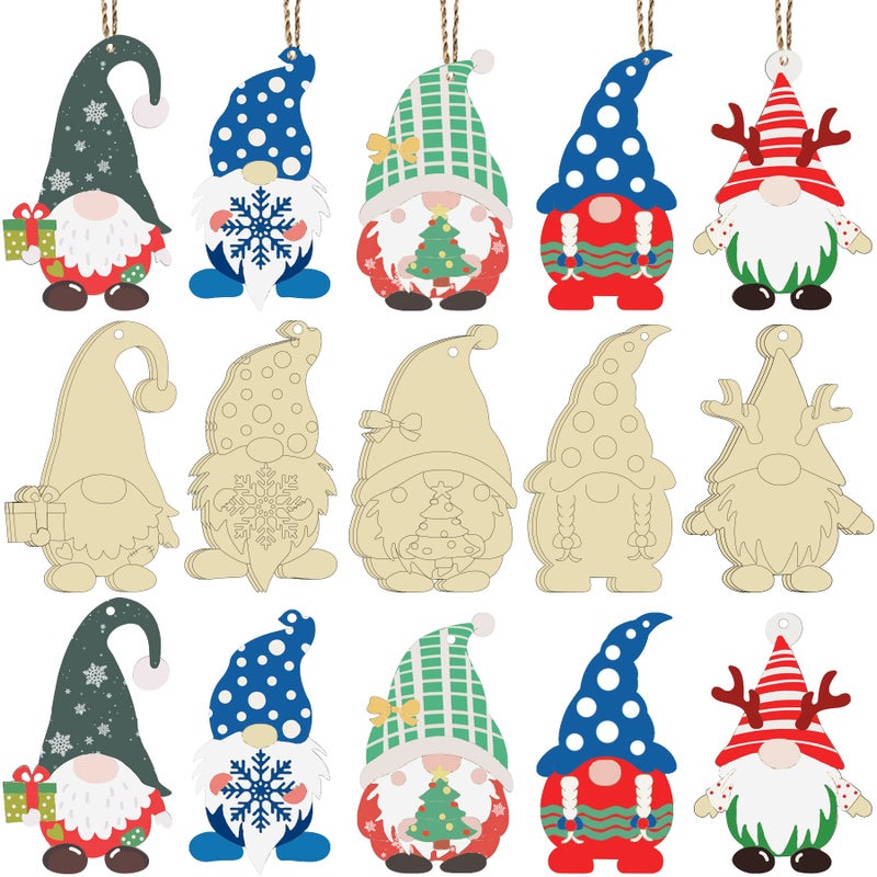 PEVOGON 25 Pieces Christmas Wooden Gnome Cutouts Slices Unfinished Blank Wood Hanging Ornaments with 25 Ropes for Christmas Tree DIY Craft Making Painting Home Decor - Image 3