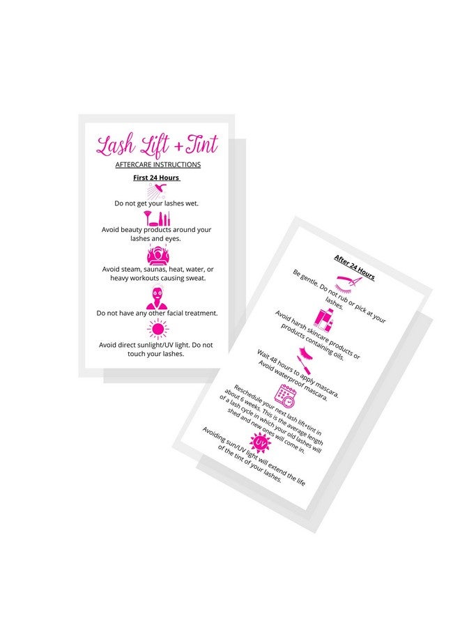 Boutique Marketing LLC Lash Lift + Tint Aftercare Instruction Cards ; 50 Pack ; 2 X 3.5” Inches Business Card Size ; Eyelash Lift And Tint Kit At Home Diy Aftercare Supplies ; White With Pink Icon Design - Image 1