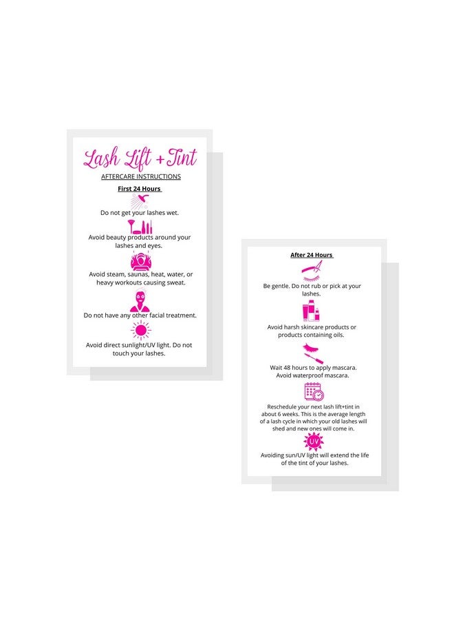 Boutique Marketing LLC Lash Lift + Tint Aftercare Instruction Cards ; 50 Pack ; 2 X 3.5” Inches Business Card Size ; Eyelash Lift And Tint Kit At Home Diy Aftercare Supplies ; White With Pink Icon Design - Image 3