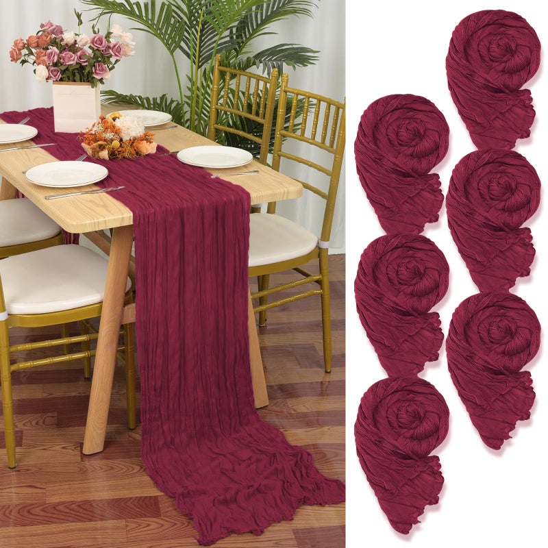 YMHPRIDE 6 Packs Cheesecloth Table Runner Burgundy 55x300cm Rustic Gauze Fabric Boho Table Runner Cheesecloth Wedding Table Decor for Wedding Party Bridal Shower Table Decorations