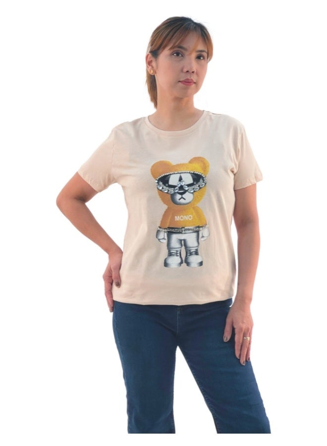 JOANNA JOANNA W203021 Women's Mono Bear Print Round Neck Short Sleeve T-Shirt - Beige  - Image 1
