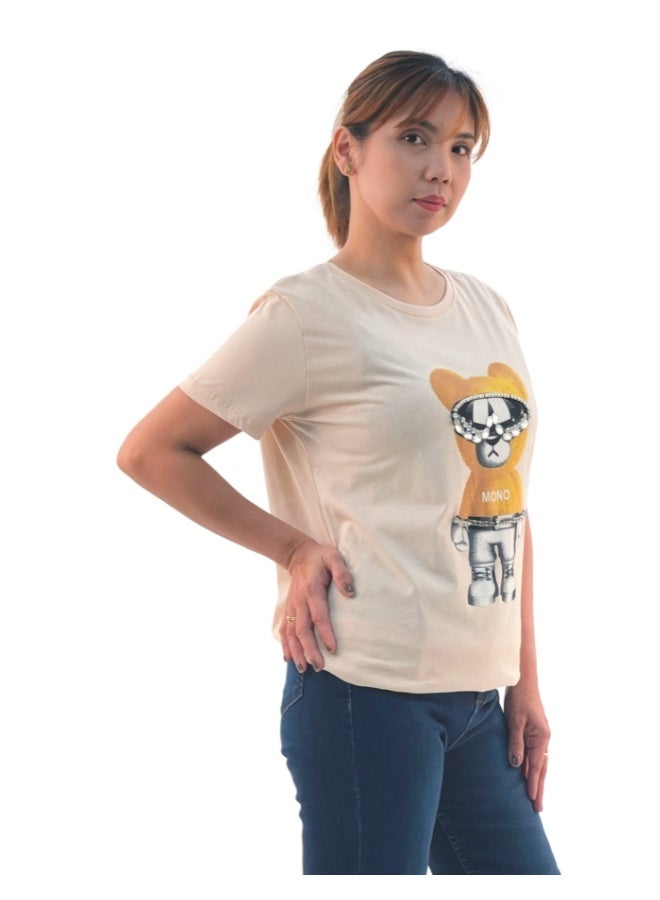 JOANNA JOANNA W203021 Women's Mono Bear Print Round Neck Short Sleeve T-Shirt - Beige  - Image 2