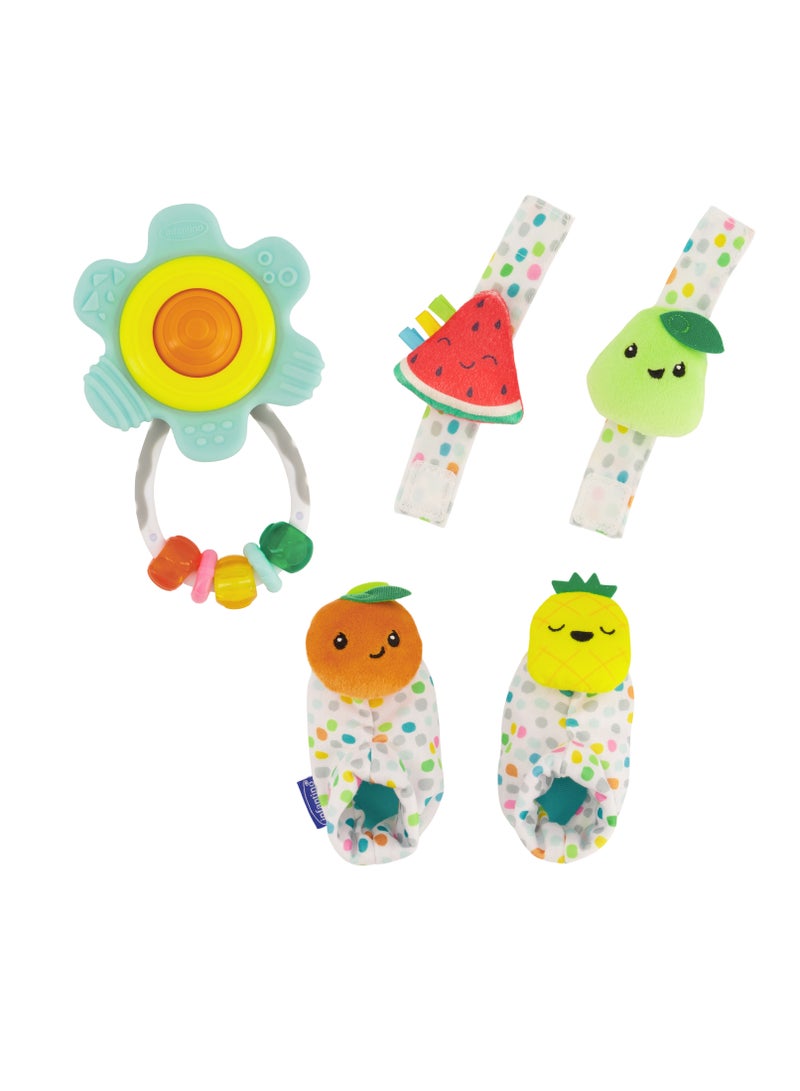infantino Baby 1st Rattle Bundle Gift Set Wrist  And Foot Rattles Spin And Teether Gummy Rattle Fruit Themed 3-Piece Value Set - Suitable For 0 Months And Above  - Image 1