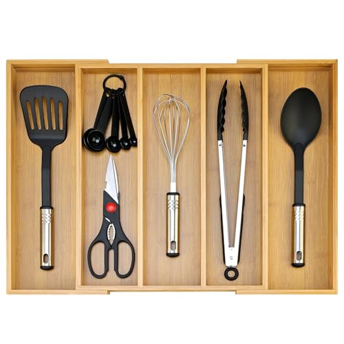 Hilislog Expandable Silverware Drawer Organizer Storage Large Bamboo Kitchen Tool Utensil Organizers Divider Cutlery Tray Adjustable Flatware Drawer Organizer for Spoon Spatula Cooking Utensils Holder Tray - Image 1