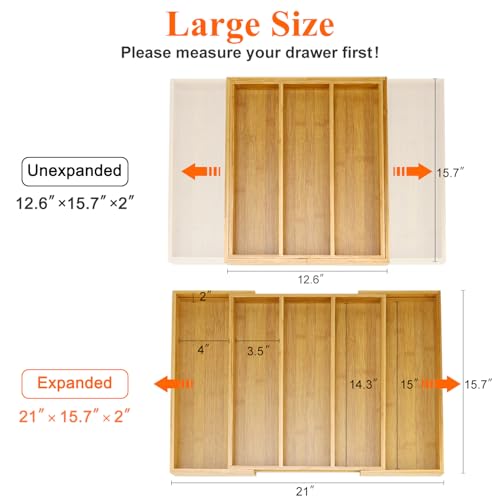 Hilislog Expandable Silverware Drawer Organizer Storage Large Bamboo Kitchen Tool Utensil Organizers Divider Cutlery Tray Adjustable Flatware Drawer Organizer for Spoon Spatula Cooking Utensils Holder Tray - Image 2
