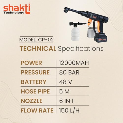 Shakti Technology CP-02 Cordless Portable 48V Wireless Pressure Washer Gun - 12000mAh High Pressure Water Gun for Car and Bike Wash, Carbon Brush Motor, 5M Hose Pipe, Double Battery Included - Image 2