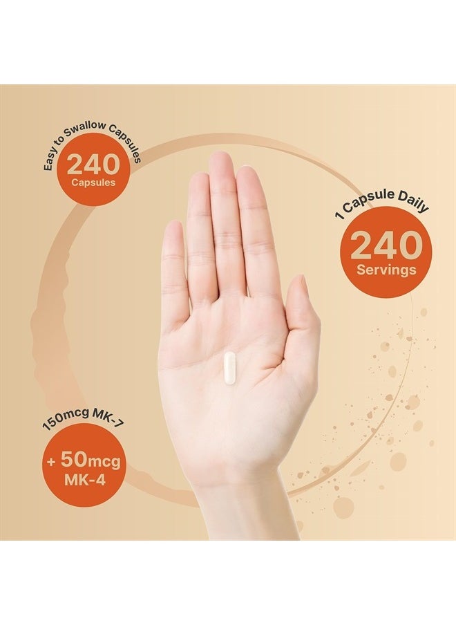 Full Spectrum Vitamin K2 Supplement with MK-7 & MK-4, 200 mcg, 240 Capsules | 2 in 1 Formula, K Vitamins Complex – Supports Bone, Joint, and Heart Health – Non-GMO