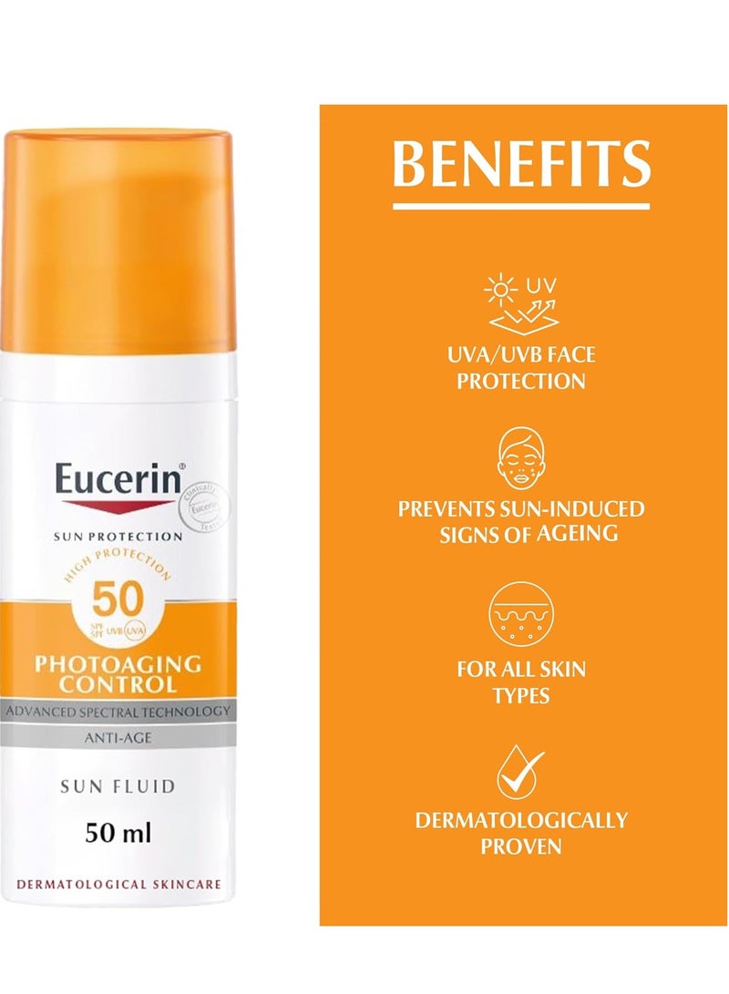 يوسيرين سائل واقي من الشمس للوجه من يوسيرين للتحكم في علامات تقدم السن، حماية عالية من الأشعة فوق البنفسجية الطويلة والمتوسطة، عامل حماية من الشمس 50، يقلل من ظهور التجاعيد، مناسب كأساس للمكياج، لجميع أنواع البشرة، 50 مل - Image 2