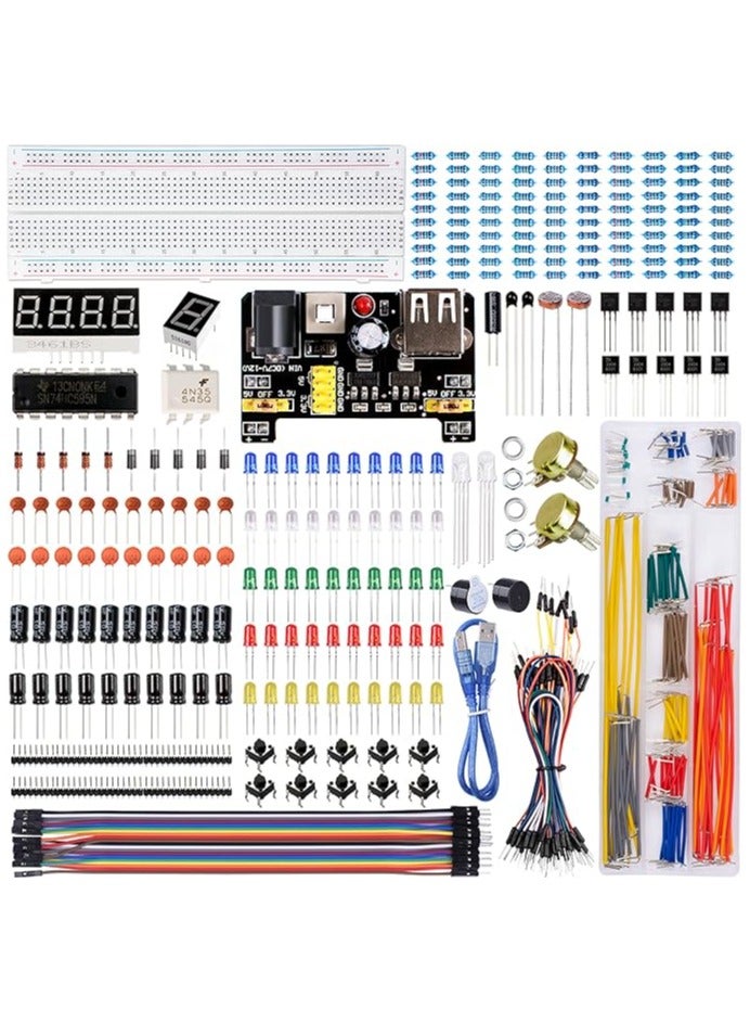 Arabest Power up your projects with this comprehensive electronic components kit! Includes a power module, precision potentiometer, resistors, LEDs, and 830 tie-point breadboard with jumper wires. Compatible with Arduino, Raspberry Pi, and STM32. Ideal for DIY hobbyists and learning electronics. - Image 2