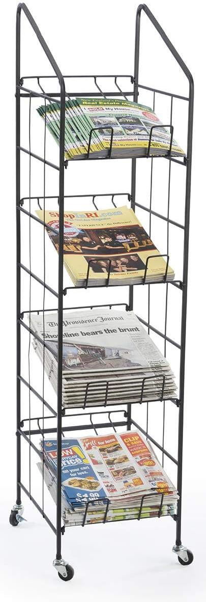 Displays2go Displays2go Portable Newspaper and Magazine Rack 4 Angled Shelves Locking Caster Wheels Black Steel - Image 2