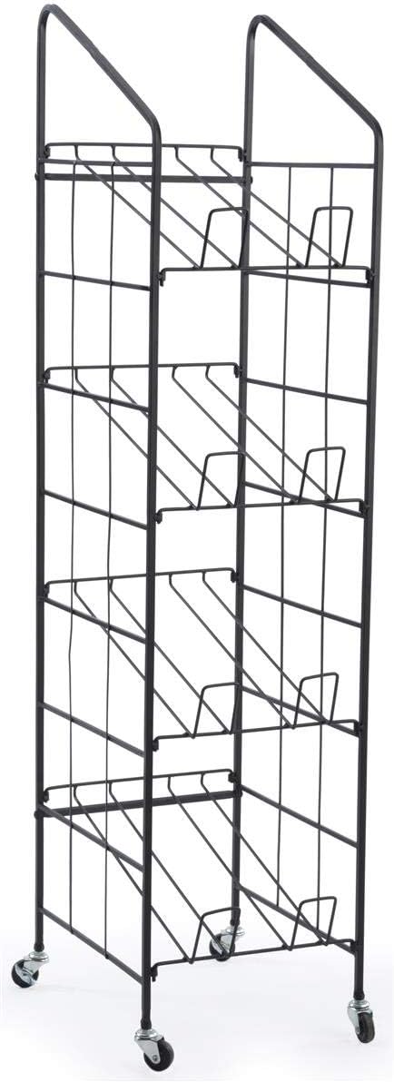 Displays2go Displays2go Portable Newspaper and Magazine Rack 4 Angled Shelves Locking Caster Wheels Black Steel - Image 1