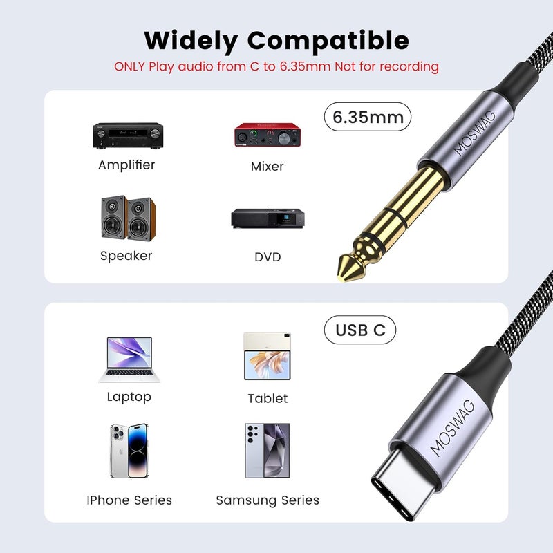 MOSWAG USB C to 6.35mm 1/4 TRS Audio Stereo Cable 6.6FT/2Meter,Type C to 6.35mm TRS Aux Jack Stereo Cable for Amplifiers,Home Theater,Mixing Console,Electric Bass Guitar Amp,Monitor Headphones - Image 2