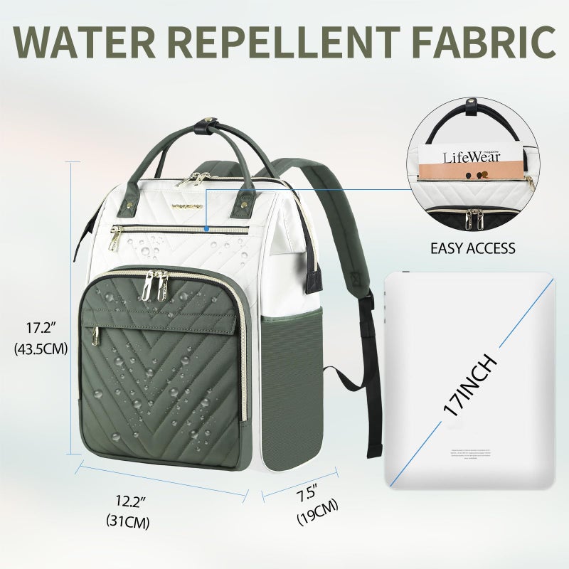 VANKEAN 17 Inch Laptop Backpack for Women Men Fashion Computer Work Bag, Large Capacity Waterproof Backpack with USB Port & RFID Pockets, College Daypack Business Travel, Beige-Army green - Image 2