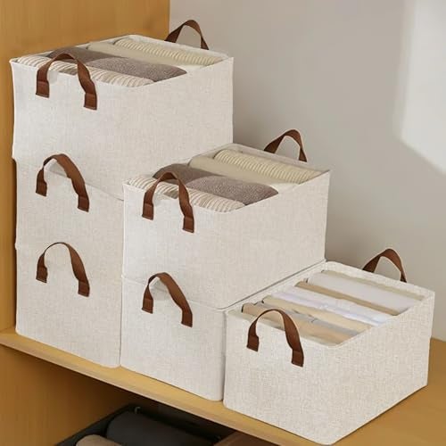 Yellow Weaves 10 Pcs Wardrobe Organizer for Clothes, Foldable Clothes Storage Baskets for Wardrobe, Toys, Books, Saree, Shirts, and Blankets Storage Box with Handles - Beige - Image 1