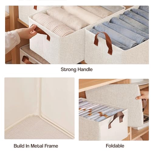 Yellow Weaves 10 Pcs Wardrobe Organizer for Clothes, Foldable Clothes Storage Baskets for Wardrobe, Toys, Books, Saree, Shirts, and Blankets Storage Box with Handles - Beige - Image 3