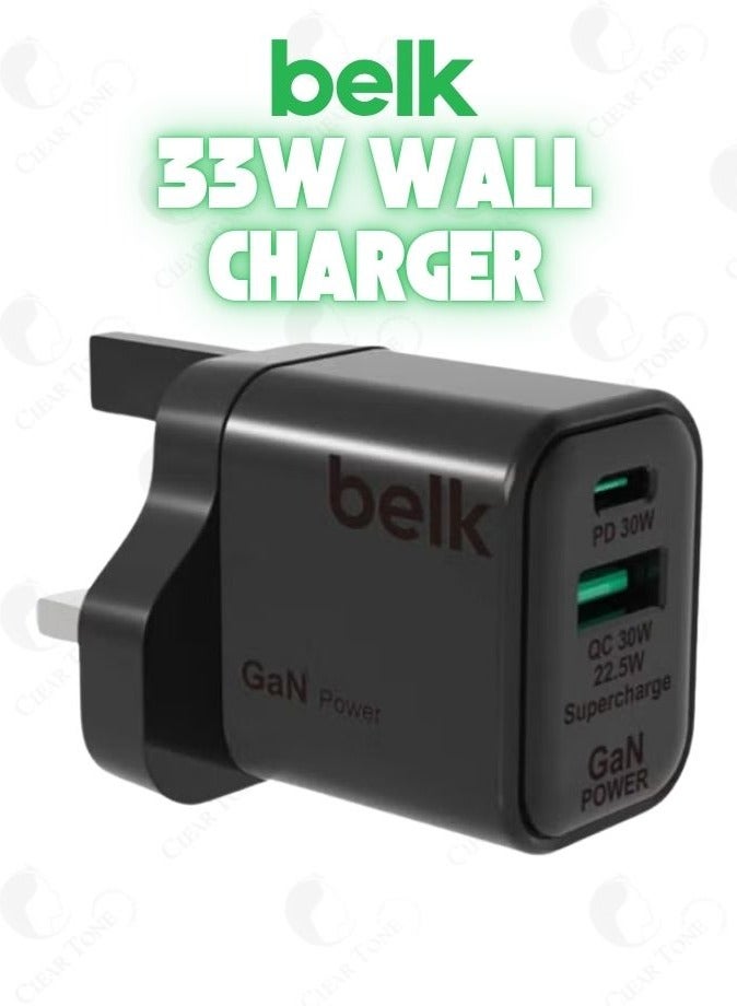 بيلك شاحن حائط GaN بقوة 33 وات، منفذين USB-C وUSB-A، PD 3.0، شحن سريع 3 مرات، تقنية IC الذكية، صغير الحجم وقابل للحمل مع التحميل الزائد ودرجة الحرارة مع حماية أمان أخرى - Image 1