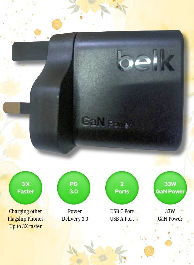 بيلك شاحن حائط GaN بقوة 33 وات، منفذين USB-C وUSB-A، PD 3.0، شحن سريع 3 مرات، تقنية IC الذكية، صغير الحجم وقابل للحمل مع التحميل الزائد ودرجة الحرارة مع حماية أمان أخرى - Image 2