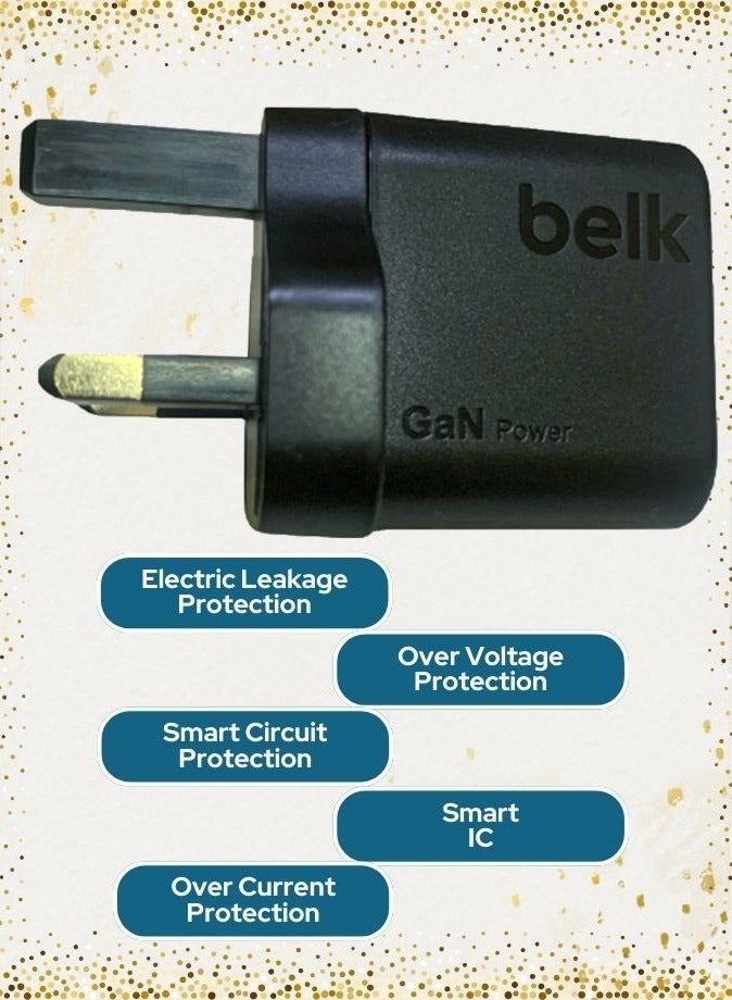 بيلك شاحن حائط GaN بقوة 33 وات، منفذين USB-C وUSB-A، PD 3.0، شحن سريع 3 مرات، تقنية IC الذكية، صغير الحجم وقابل للحمل مع التحميل الزائد ودرجة الحرارة مع حماية أمان أخرى - Image 4