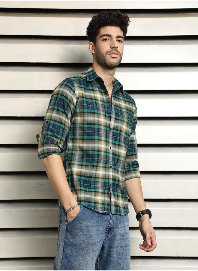 HIGH STAR Men's Multicolour 100% Cotton Checkered Button Down Regular Fit Shirt  - Image 4