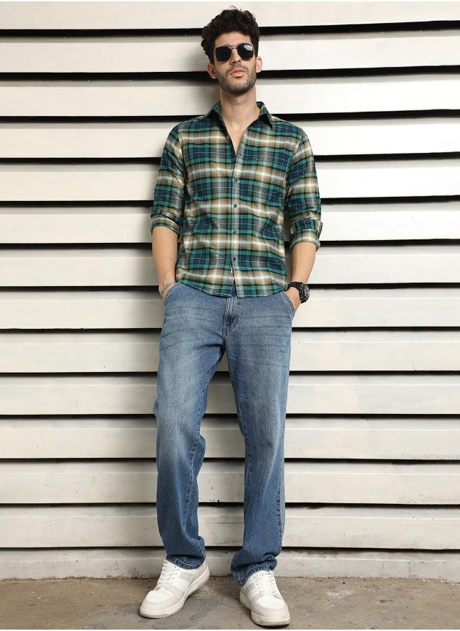 HIGH STAR Men's Multicolour 100% Cotton Checkered Button Down Regular Fit Shirt  - Image 2