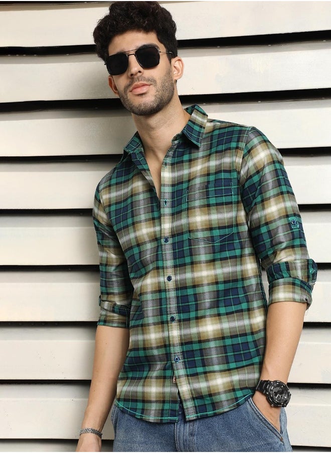 Men's Multicolour 100% Cotton Checkered Button Down Regular Fit Shirt