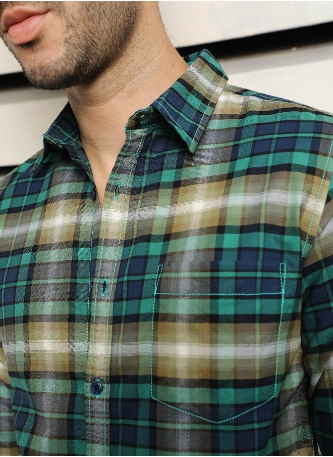 HIGH STAR Men's Multicolour 100% Cotton Checkered Button Down Regular Fit Shirt  - Image 5