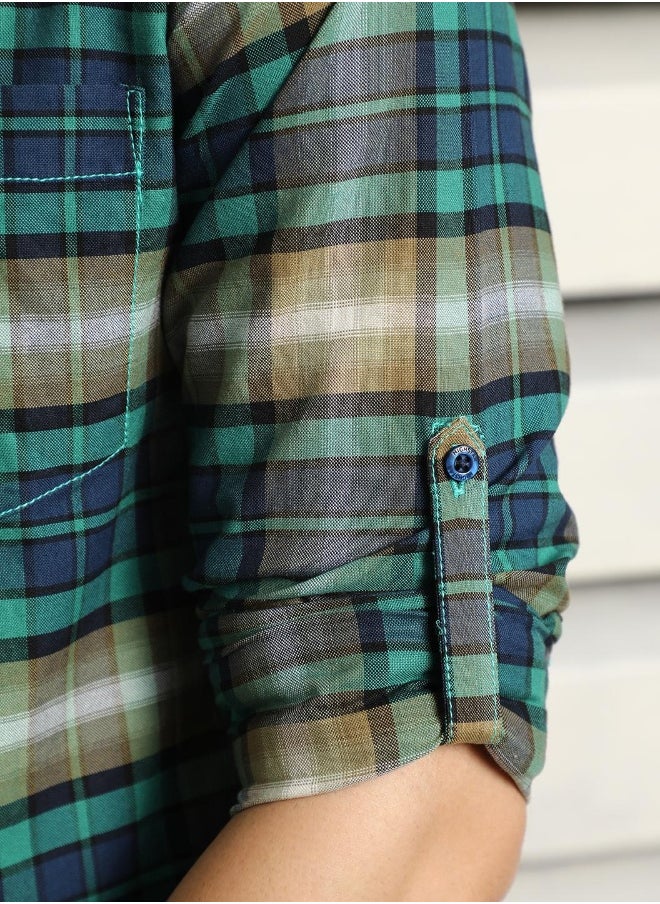 Men's Multicolour 100% Cotton Checkered Button Down Regular Fit Shirt