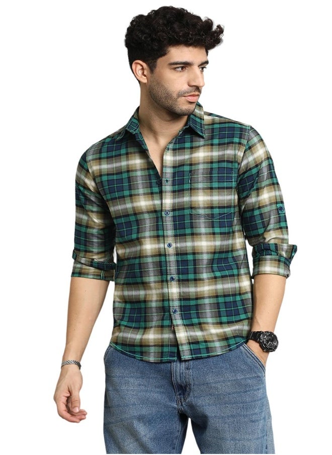 HIGH STAR Men's Multicolour 100% Cotton Checkered Button Down Regular Fit Shirt  - Image 1