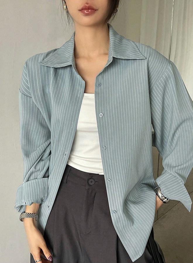 تايك تو بلوزة مخططة بقصة مريحة وأكمام طويلة - Image 1