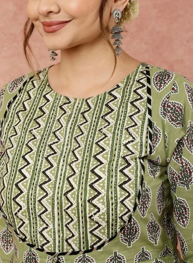 ZERESOUQ Olive Green Leaf and Chevron Print Flared Kurta Set