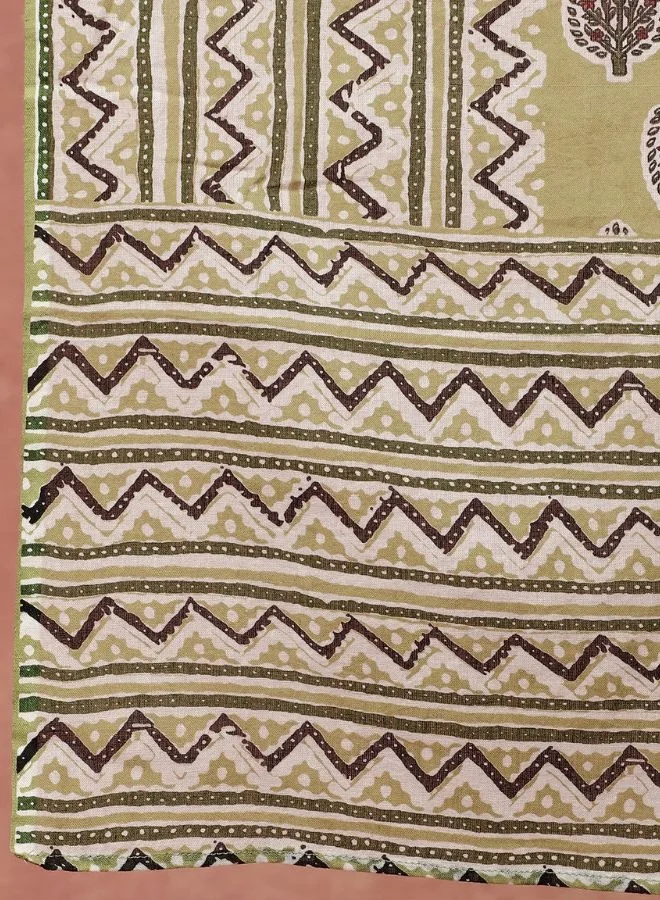 ZERESOUQ Olive Green Leaf and Chevron Print Flared Kurta Set