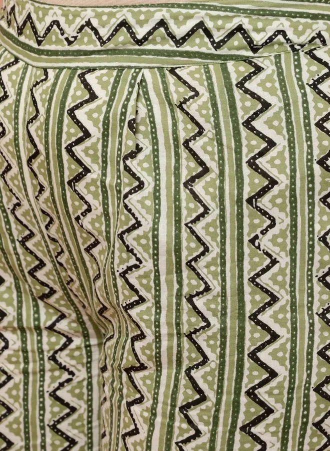 ZERESOUQ Olive Green Leaf and Chevron Print Flared Kurta Set