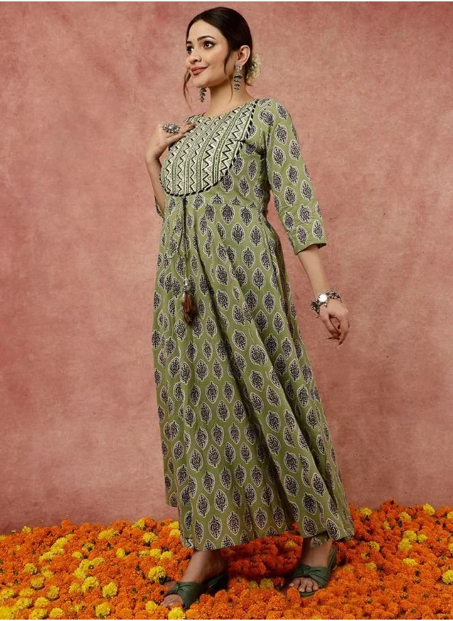 ZERESOUQ Olive Green Leaf and Chevron Print Flared Kurta Set